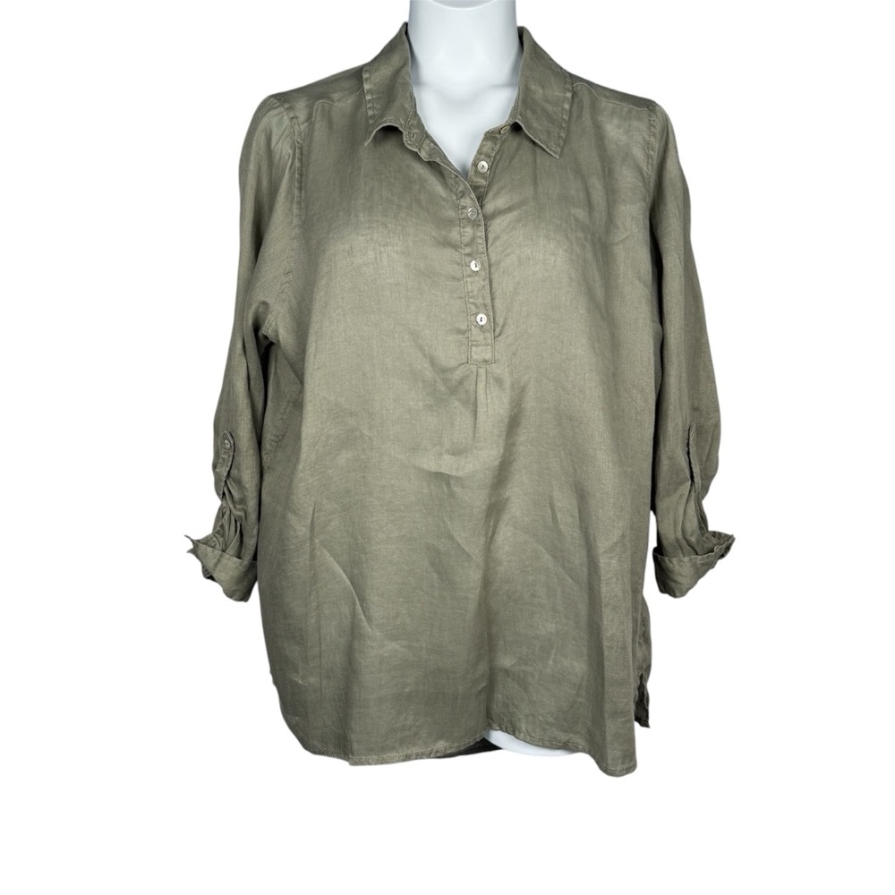 Jones New York Shirt 1X Green 100% Linen Roll Tab Sleeve Shell Button High Lo